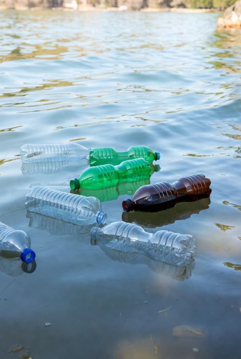 Plastic bottles floating in water—ocean and waterway pollution